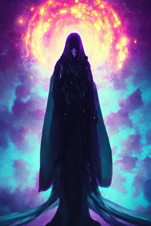 Image similar to a full body portrait of a mysterious goddess with a very long hooded cloak made of stars and clouds, by maciej kuciara and jason chan, ominous, cosmic horror, trending on artstation, ultra detailed, hyper realistic 4 k, volumetric light, iridescent, rainbow colors