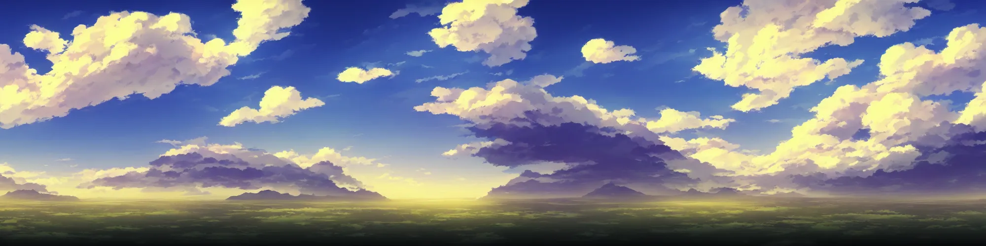 Image similar to panorama view of the sky. matte painting, anime, studio ghibli. professional digital painting, artstation, concept art, smooth, beautiful, cinematic. no mountains and trees.