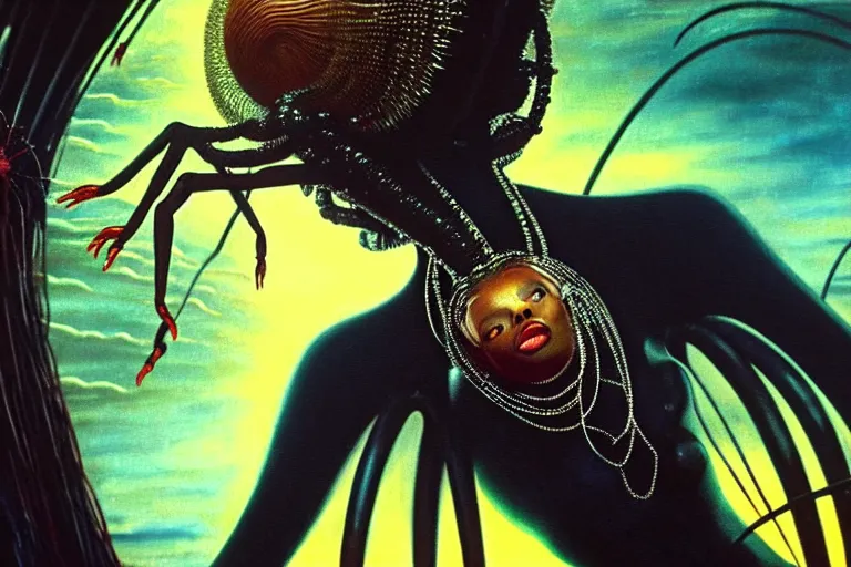 Prompt: realistic detailed closeup portrait movie shot of a beautiful black woman dancing with a giant spider, futuristic sci fi landscape background by denis villeneuve, jean deville, amano, yves tanguy, ernst haeckel, alphonse mucha, max ernst, caravaggio, roger dean, sci - fi necklace, fashion, masterpiece, rich moody colours