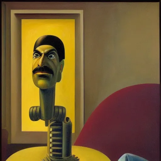 Prompt: robotic frank zappa portrait, grant wood, pj crook, edward hopper, oil on canvas