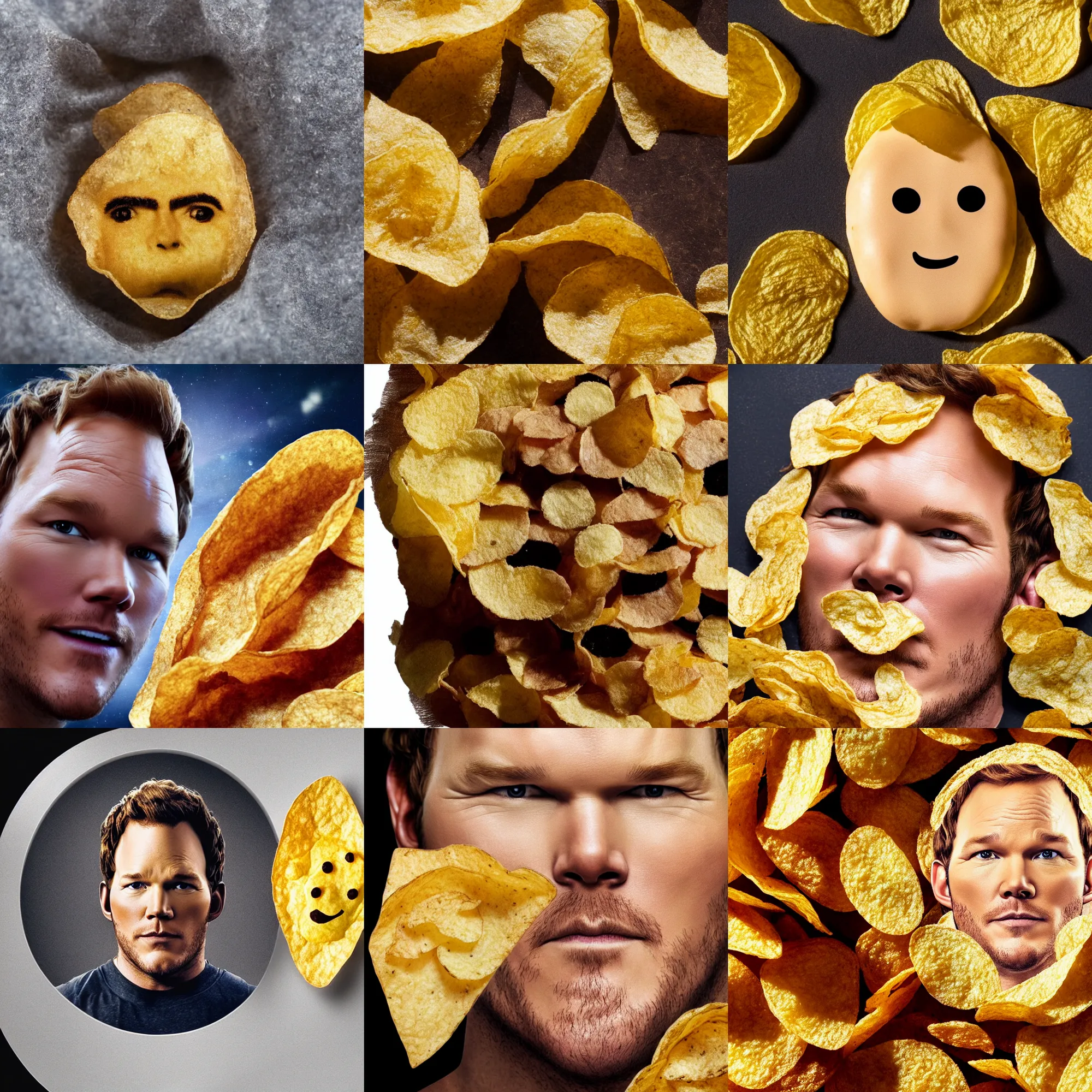 Prompt: chris pratt as a potato chip, potato chip with chris pratt's face, texture, crisp, macro shot, high detail photo, close up