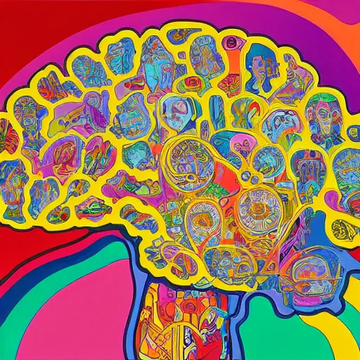 Prompt: large scale, intricately detailed painting showing the inner workings of the human brain by peter max and mucha, in the style of the ryder taro deck