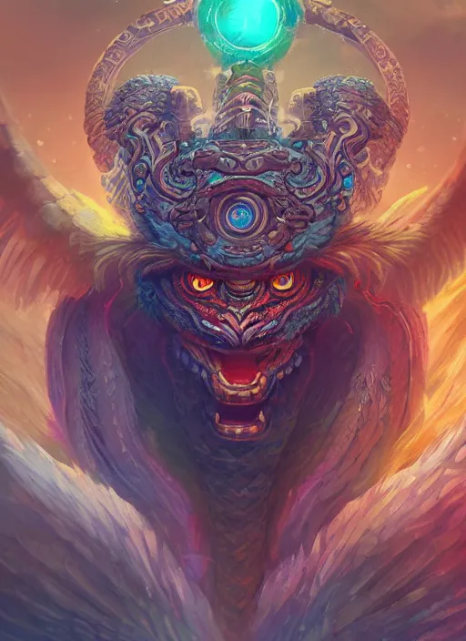 Image similar to a highly detailed illustration of mayan quetzalcoatl, glowing eyes, ancient mayan background, feathers, intricate, epic, highly detailed, centered, digital painting, artstation, concept art, smooth, sharp focus, league of legends concept art, wlop