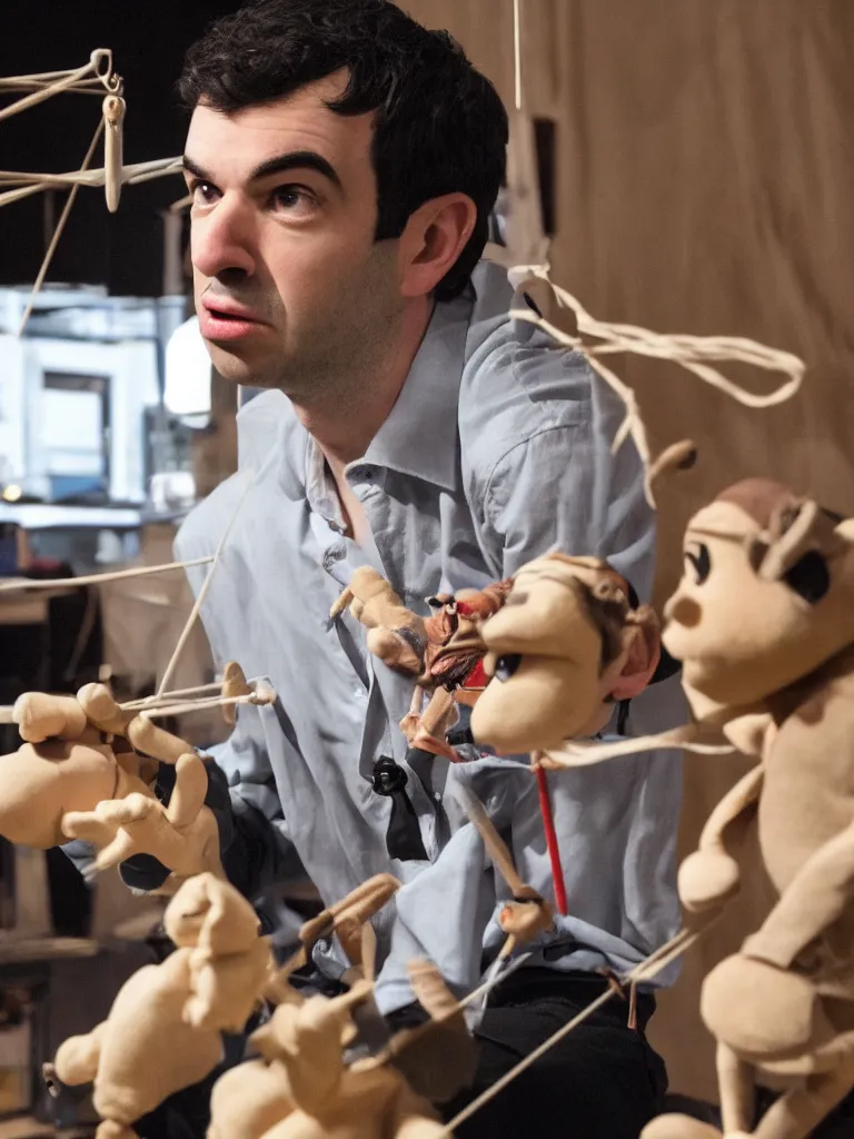 Image similar to close up photograph of nathan fielder behind a puppet stage controlling a marionette by the strings, high detail, 8 k, photorealism, sharp focus, volumetric lighting