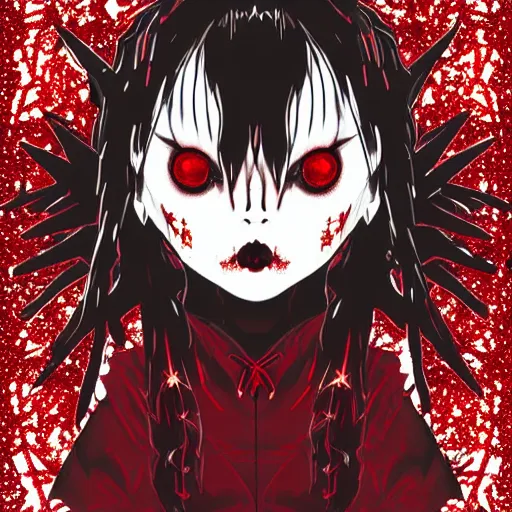 Image similar to spiked korean bloodmoon sigil stars draincore, gothic demon hellfire hexed witchcore aesthetic, dark vhs gothic hearts, neon glyphs spiked with red maroon glitter breakcore art by guro manga artist Shintaro Kago | baroque bedazzled gothic royalty frames surrounding a pixelsort emo demonic horrorcore japanese yokai doll, low quality sharpened graphics, remastered chromatic aberration