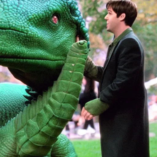 Image similar to The one where Ross leaves Rachel and gets out with a big green dinosaur in Central Park