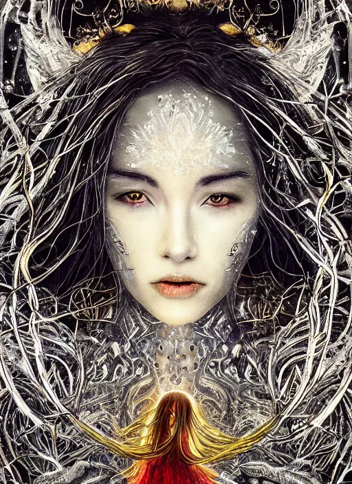 Image similar to glowing silver and golden elements, full close-up portrait, A beautiful dark witch in front of the full big moon, book cover, green forest, red white black colors, establishing shot, extremly high detail, foto realistic, cinematic lighting, pen and ink, intricate line drawings, by Yoshitaka Amano, Ruan Jia, Kentaro Miura, Artgerm, post processed, concept art, artstation, matte painting, style by eddie, raphael lacoste, alex ross