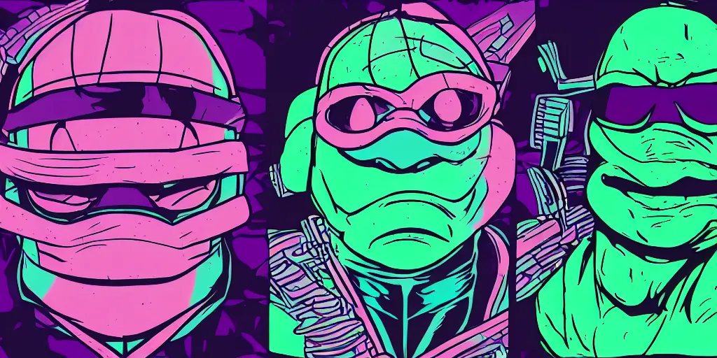 Prompt: vaporwave, vector graphics, teenage mutant ninja turtles, synthwave, nyc, neon, portrait, closeups