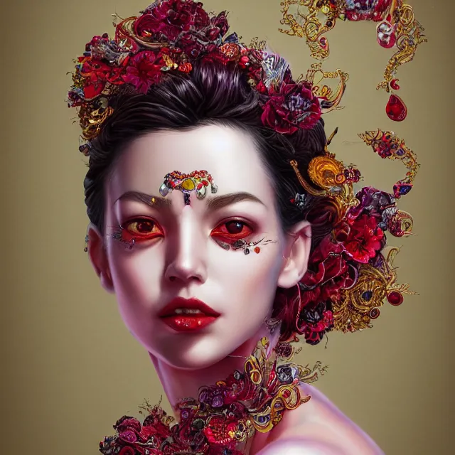 Image similar to studio portrait of absurdly beautiful, elegant, young colorful woman made of rubies and red gems, ultrafine hyperrealistic detailed face illustration by kim jung gi, irakli nadar, intricate linework, sharp focus, bright colors, matte, octopath traveler, final fantasy, unreal engine highly rendered, global illumination, radiant light, intricate environment