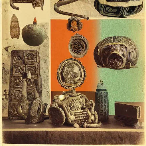 Image similar to An offset photography of an object on display, three colors, anthropology of wonder, (exotic artifacts), bauhause, tropicalism, colonial expedition, exhibition, 60s style