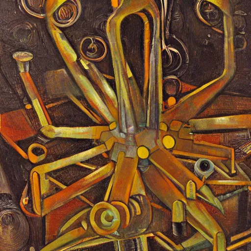 Prompt: futuristic 8 legged deepfried valley height harrier dog brush kettle brass , by Natalia Goncharova and Caravaggio and Juan Giménez , Mixed media , bokeh , smooth