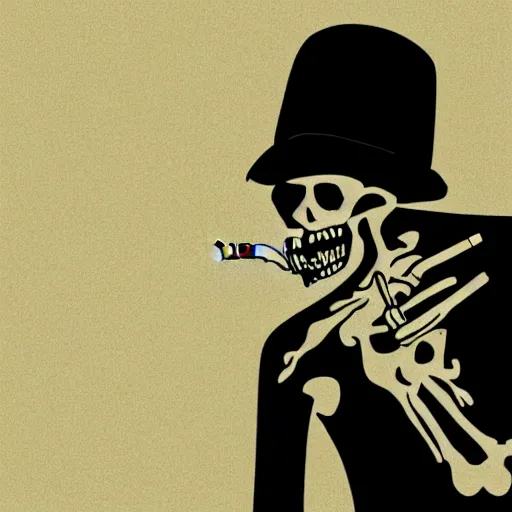 Prompt: skeleton smoking a cig, black background, noir style