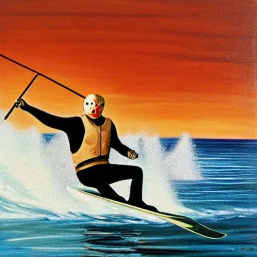 Image similar to jason voorhees water skiing on a lake, beautiful oil paining 1 9 6 5