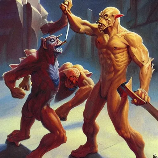 Image similar to pepe and ape in melee combat with Sauron on steps of Barad Dur, painting by Boris Vallejo