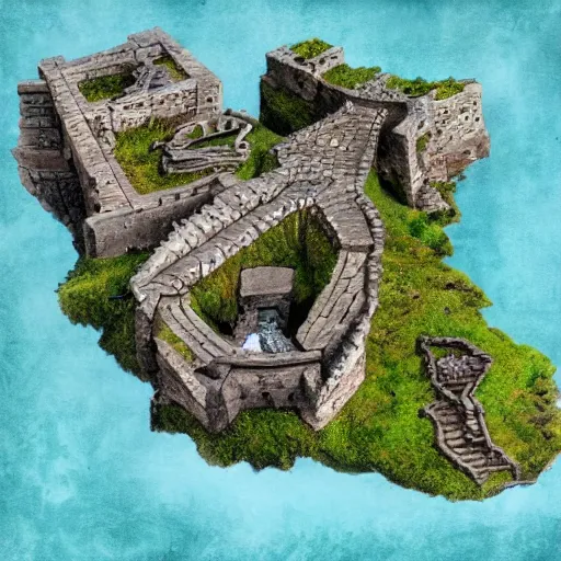 Image similar to top-down birds-eye view of a stone fort sitting above a swamp, detailed, hand-painted, wizards of the coast, top seller popular