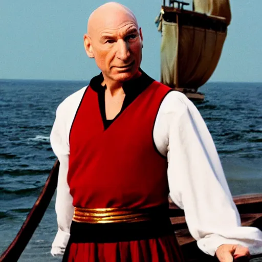 Prompt: Jean Luc Picard on a pirate ship wearing a tutu
