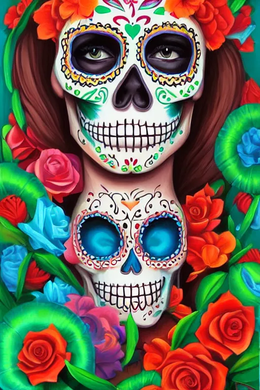 Image similar to illustration of a sugar skull day of the dead girl, art by rhads