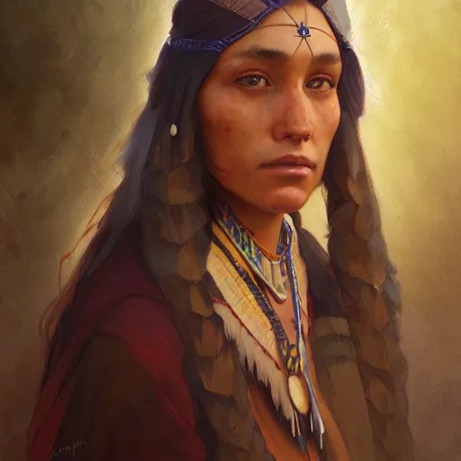 Prompt: Portrait of a Native American, digital painting, detailed, artstation, Krenz Cushart, Greg Rutkowski, Alphonse Mucha, Artgerm