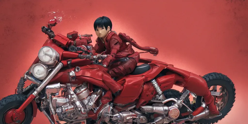 Image similar to kaneda from akira with his motorbike, character sheet, concept design, contrast, hot toys, kim jung gi, greg rutkowski, zabrocki, karlkka, jayison devadas, trending on artstation, 8 k, 3 d scene, ultra wide angle, pincushion lens effect