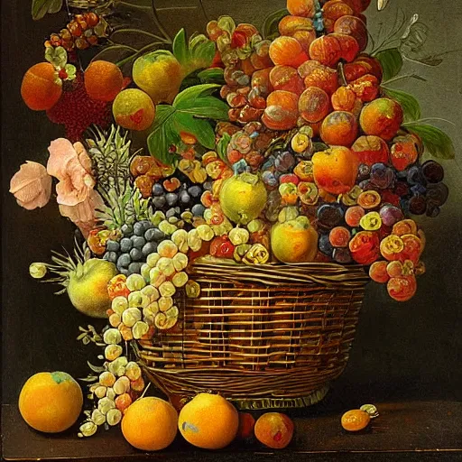 Prompt: a beautiful detailed painting of a still life of fruit and flowers in a basket