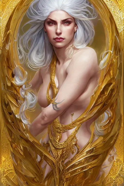 Image similar to fullbody!! beautiful woman with white hair, big natural horns on her head, gold jewellery, dynamic pose, dnd, face, fantasy, intricate, elegant, highly detailed, digital painting, artstation, concept art, smooth, sharp focus, illustration, art by artgerm and greg rutkowski and alphonse mucha