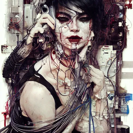 Image similar to rona mitra as a cyberpunk noir detective, skulls, wires cybernetic implants, machine noir grimcore, in the style of adrian ghenie esao andrews jenny saville surrealism dark art by james jean takato yamamoto and by ashley wood