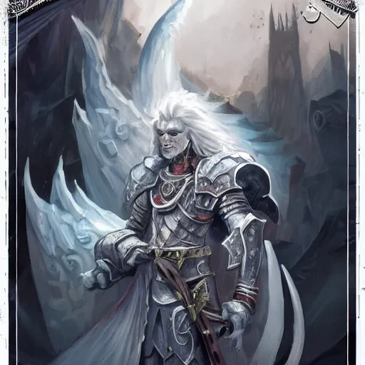 Prompt: albino knight with long white hair and black armor, sword and sorcery, dungeons and dragons, book cover, in the style of peter mohrbacher and nick brummer