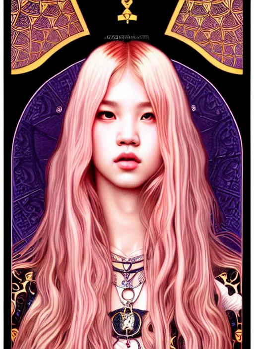 Image similar to jossi of blackpink, king, tarot card, highly detailed, digital painting, smooth, sharp focus, illustration, ultra realistic, 8 k, art by artgerm and alphonse mucha