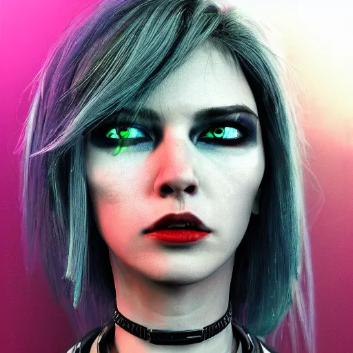 Image similar to detailed realistic female character cyberpunk wearing thick steel collar around neck, realistic, art, beautiful, 4K, collar, choker, collar around neck, punk, artstation, detailed, female, woman, choker, cyberpunk, neon, punk, collar, choker, collar around neck, thick collar, choker around neck, wearing choker, wearing collar,