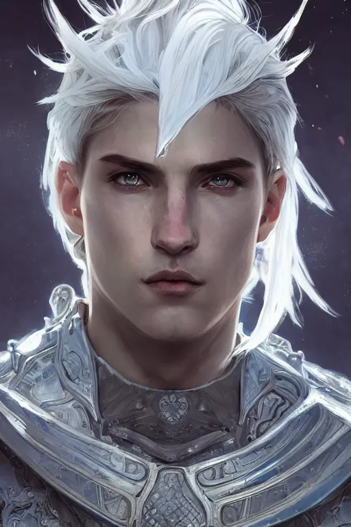 Prompt: portrait white hair knights of Zodiac male, Sliver ice color reflected armor, in ruined Agora of Athens Sunrise, ssci-fi and fantasy, intricate and very very beautiful and elegant, highly detailed, Frostbite Engine, digital painting, artstation, concept art, smooth and sharp focus, illustration, art by tian zi and WLOP and alphonse mucha