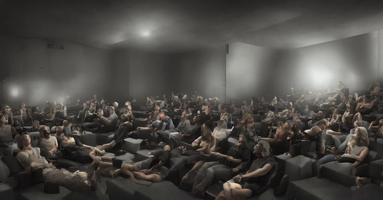 Prompt: human beings sit in the cinema and watch reflections of their lives on screen of life illusion, projecting by volumetric light of consciousness, realistic, deep sense of spirituality, contrast shading, unreal engine, vray, style of chris mars