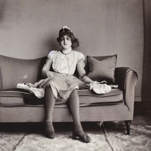 Image similar to a vintage 1 9 1 0 s kodachrome slide of a young woman at home sitting on a couch.