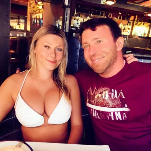 Prompt: photo of a 4 0 year old man that looks young for his age dating a very attractive 2 2 year old woman wearing a bikini. they are are in a restaurant.