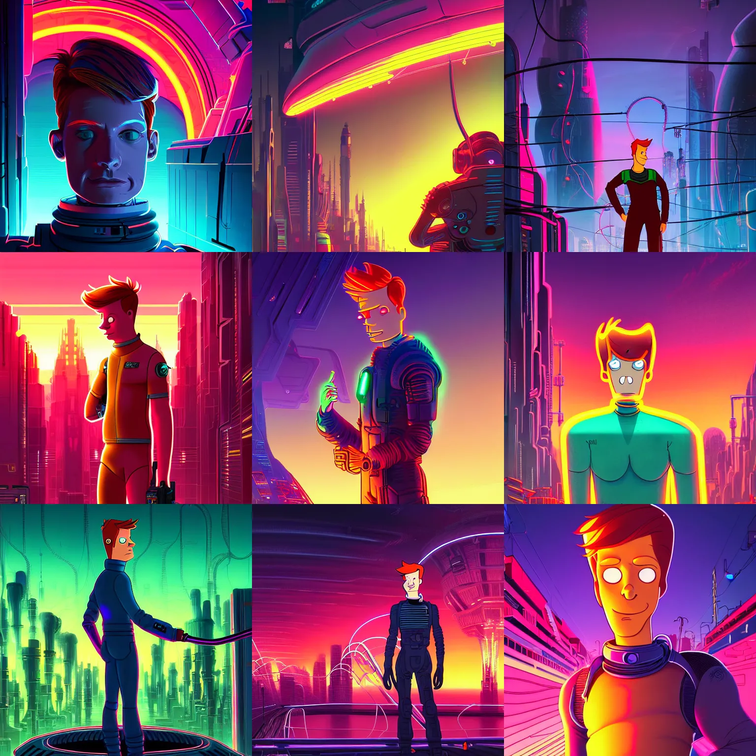 Prompt: portrait philip j. fry from futurama inside an scifi tentacles wires futuristic city, beautiful neon sunset, cinematic, highly detailed, photorealistic, rich bright colors, trending on artstation, giger, tsutomu nihei, trending on cgsociety, awe inspiring bruce pennington cityscape, digital art painting of 1 9 6 0 s