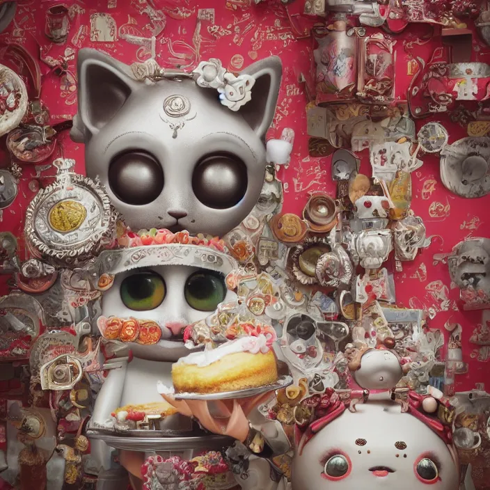 Image similar to closeup face profile portrait of a tin toy cat eating cakes, depth of field, zeiss lens, detailed, symmetrical, centered, fashion photoshoot, by nicoletta ceccoli, mark ryden, lostfish, breathtaking, 8 k resolution, extremely detailed, beautiful, establishing shot, artistic, hyperrealistic, octane render