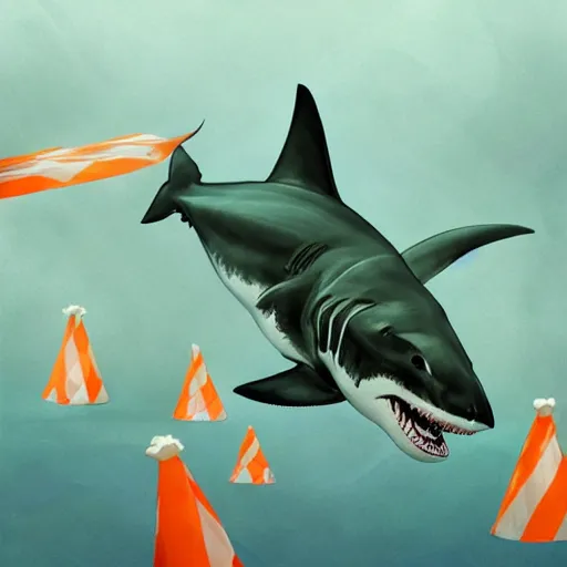 Prompt: great white shark with orange and white striped traffic cones instead of teeth, underwater background detailed atmospheric - ron cheng & alphonse mucha, highly detailed, digital painting, ray tracing, concept art, illustration, smooth sharp focus, intricate, symmetry, artstation,