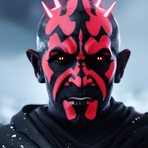 Prompt: darth maul in snow holding his lightsaber, ultra realistic 4k, unreal engine 5 quality