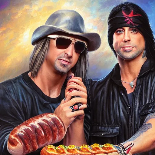 Image similar to portrait of brett michaels and criss angel sharing hotdogs, an oil painting by ross tran and thomas kincade