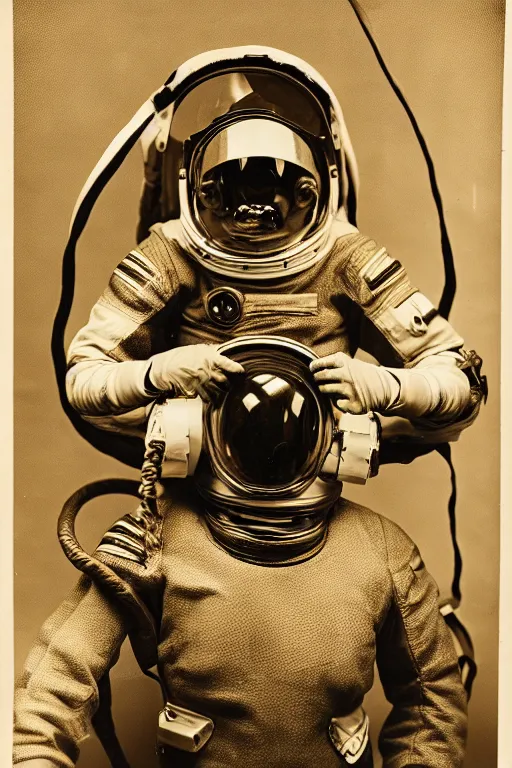 Prompt: extremely detailed studio portrait of space astronaut, tentacle coming out of mouth, helmet is off, helmet i in lap, full body, soft light, golden glow, award winning photo by james van der zee