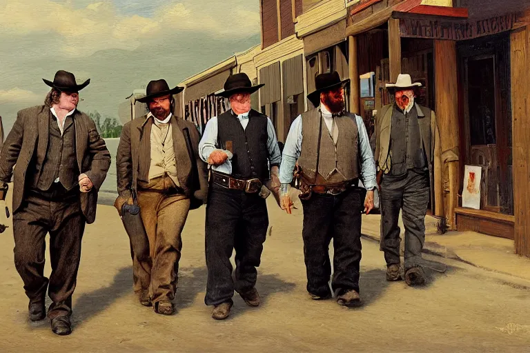 Image similar to banker - phillip - seymour - hoffman and two rugged bandits in a busy old west main street, in the style of an oil painting, realistic, detailed