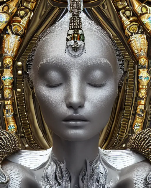 Image similar to a highly detailed metahuman 4 k close up render of an alien goddess bella hadid monument indian statue in iris van herpen dress schiaparelli in diamonds crystals swarovski and jewelry iridescent in style of alphonse mucha gustav klimt trending on artstation made in unreal engine 4