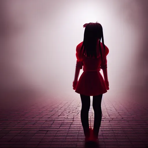 Image similar to photograph of an alternative japanese girl, dark red and white lights, anime influenced, hihgly detailed, hyper realistic, volumentric fog, raytracing