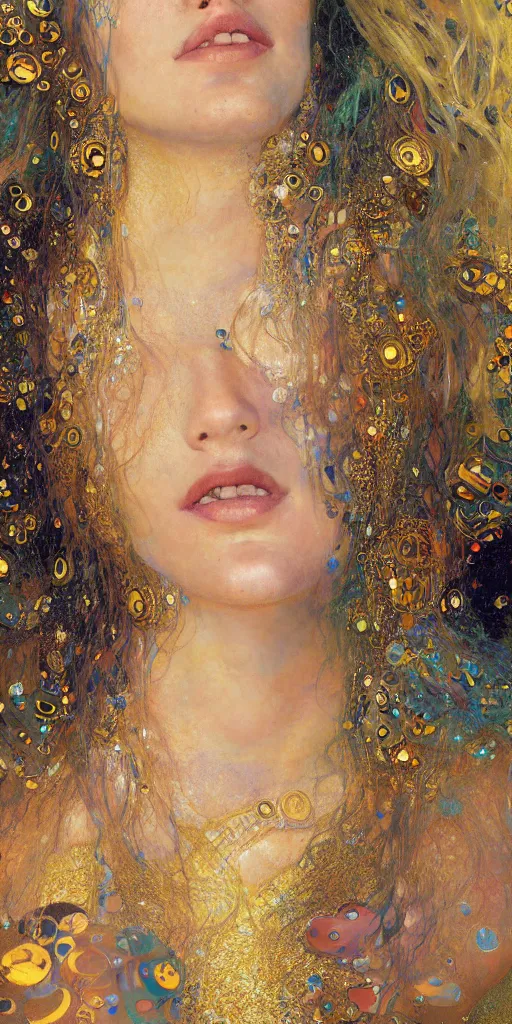 Prompt: an intricate portrait painting of an artistic pose young beautiful mermaid, klimt golden motives and textures, hyper - detailed, octane render, vivid colors, artstation, by jeremy mann, by gustav klimt