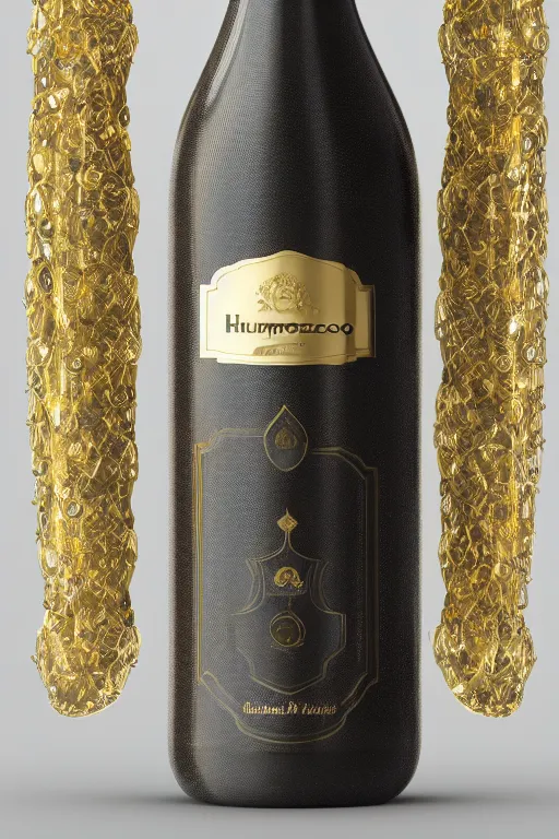 Prompt: humongous bottle of prosecco, hyperrealistic extreme shine details, translucent glass shine, golden color, intricate and ornate bottle detail, Octane render