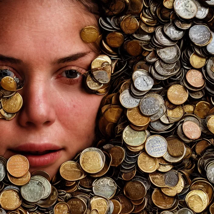 Prompt: closeup portrait of a woman wearing a cloak made of cold coins and wire, standing in a landfill of garbage and junk, by Annie Leibovitz and Steve McCurry, natural light, detailed face, CANON Eos C300, ƒ1.8, 35mm, 8K, medium-format print