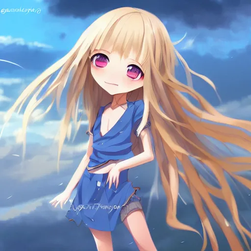 Prompt: a very beautiful anime cute girl, full body, long wavy blond hair, sky blue eyes, full round face, short smile, fancy top, miniskirt, front view, summer lake setting, storm weather, cinematic lightning, medium shot, mid-shot, highly detailed, cinematic wallpaper by Stanley Artgerm Lau