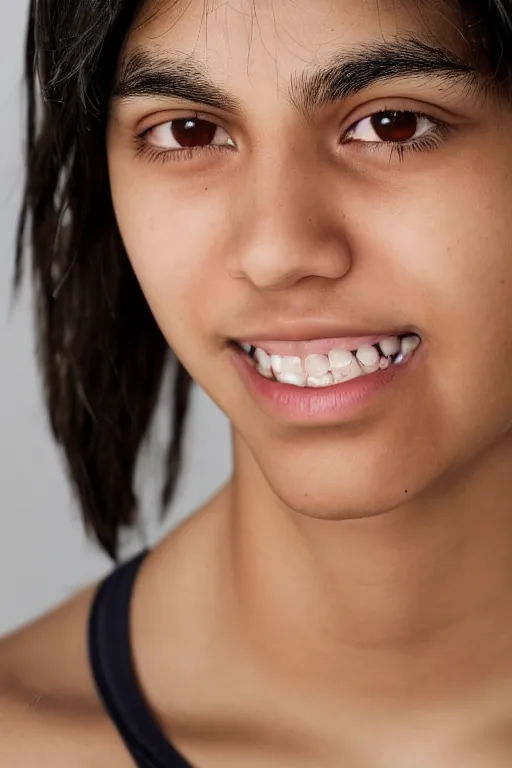 Image similar to close up headshot of an androgynous Hispanic teen with medium length slightly wavy black hair a wide smile brown eyes a small nose tidy plucked eyebrows dark brown eyes and a diamond shaped face, high resolution film still, 8k, HDR color, gazing dark brown eyes, high cheek bones, trimmed eyebrows