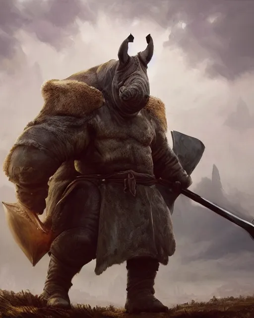 Prompt: oil painting of Anthropomorphized Rhino, wearing fur cloak, sharp focus, holding gigantic Axe, warrior clothes, heroic pose, dramatic artwork, fantasy style, octane render, volumetric lighting, 8k high definition, by greg rutkowski, highly detailed, trending on art Station, magic the gathering artwork, burning Battlefield backround, centered