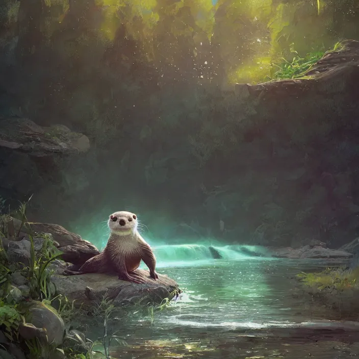 Image similar to a painting of a cute otter at a river. character design by cory loftis, fenghua zhong, ryohei hase, ismail inceoglu and ruan jia. volumetric light, detailed, rendered in octane