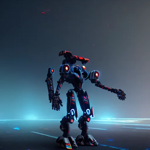 Prompt: futuristic armed mech walking into battle, highly detailed, 8 k, hdr, award - winning, unreal engine, trending on artstation, volumetric lighting